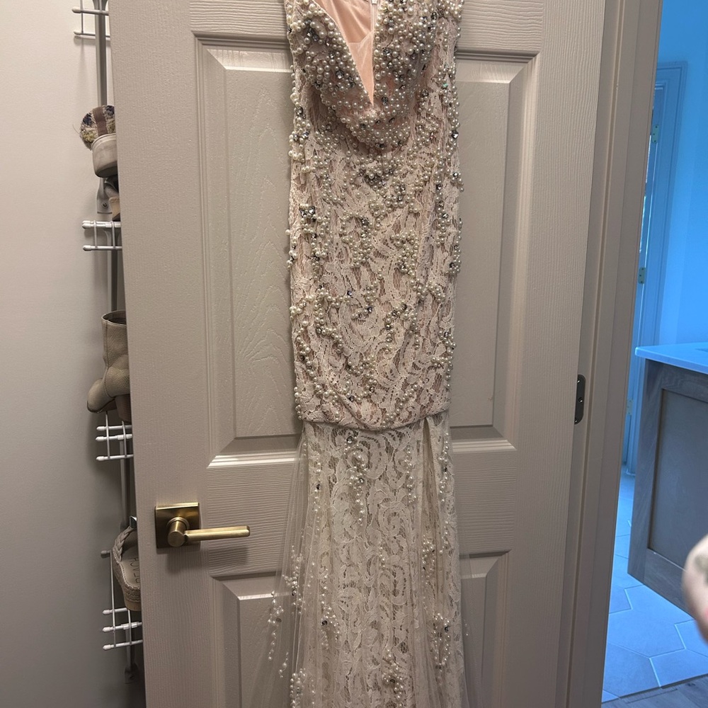 Jovani Pearl-Embellished Cream Prom Dress